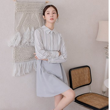 【初秋新品】HS 條紋拼接短洋裝 灰色