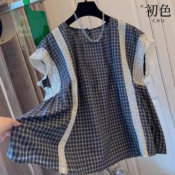初色 法式氣質蕾絲拼接格紋寬鬆圓領短袖T恤上衣女上衣-格子-14317(M-2XL可選)