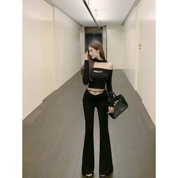 luna潞娜 設計感黑褲子彈力微喇修身V字鏤空腰頭休閑褲