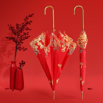 紅傘婚慶結婚用出嫁傘蕾絲邊刺繡中式婚禮長柄雨傘復古婚傘新娘傘 雙11全館免運