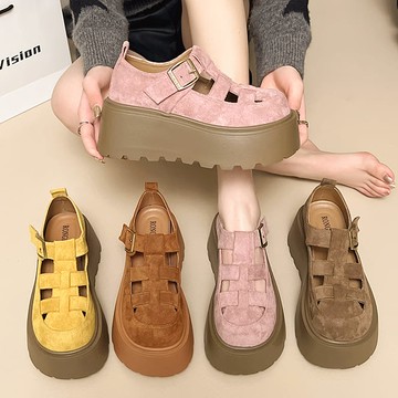 【現貨出清】楔型鞋．日系絨面編織簍空圓頭厚底包鞋．白鳥麗子