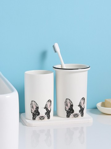 衛浴室洗漱套裝三件套四件套家用卡通陶瓷漱口杯牙膏架硅藻泥吸水