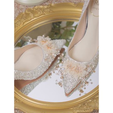 法式婚鞋新娘鞋2025新款高跟鞋女細跟秀禾兩穿不累腳主婚紗水晶鞋