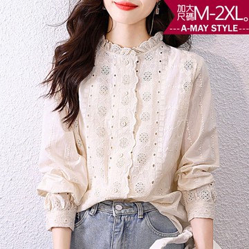加大碼上衣-蕾絲花邊領氣質刺繡襯衫(M-2XL)