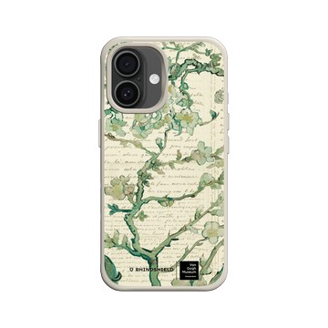 iPhone 16 SolidX 貝殼灰 - Van Gogh Museum - 盛開的杏花與手寫稿背景