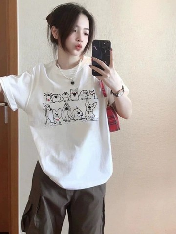 夏季新款100純棉卡通印花短袖T卹女寬鬆百搭學生上衣ins半袖