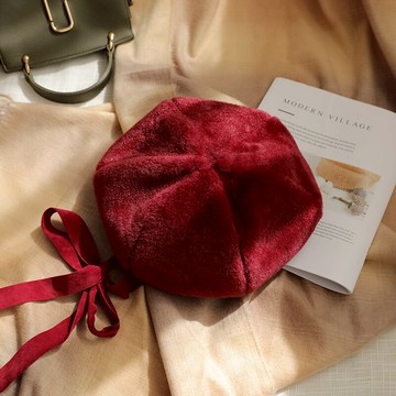 仿兔毛無檐綁帶八角帽子女秋冬保暖畫家帽甜美可愛少女軟妹報童帽1入