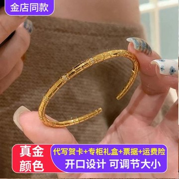 金店同款靈蛇素圈手鐲黃金色本命年生肖蛇手環開口可調節鑲鉆鐲子