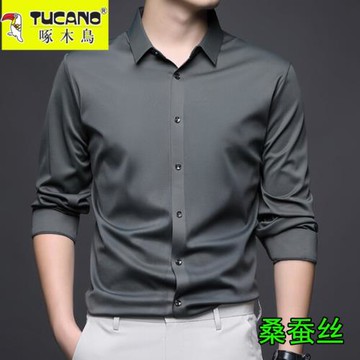 羅高檔桑蠶絲長袖襯衫中青年男士秋季商務休閑免燙純色爸爸裝襯衣