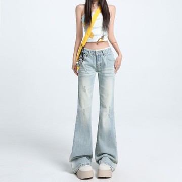 胖胖美依 牛仔褲 長褲 熱褲 S-2XL收腹高腰蕾絲喇叭褲美式百搭微喇叭牛仔褲子顯高顯瘦長褲-7495.