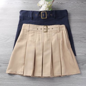 女童裙子半身裙卡其色皮帶扣短裙中小學生校服百褶裙有內襯防走光