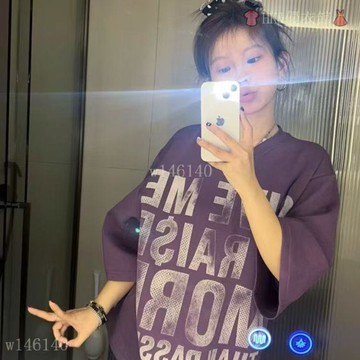 【做舊字母】紫色韻味 夏季新款 T恤 女 美式復古 短袖 寬鬆 上衣 潮 大學T 短袖上衣 藍色上衣 上衣女短袖 Y2K