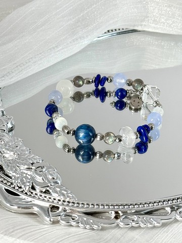 沈靛謐境水晶手鍊 - 醫療鋼/藍晶石/青金石/藍紋瑪瑙/拉長石