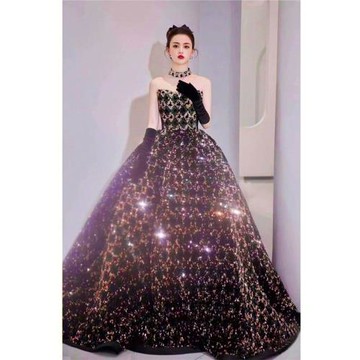 鎏金閃片黑色生日藝考晚宴年會主持人大合唱演出晚禮服批發19007