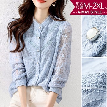 加大碼上衣-洋溢氣質花領蕾絲襯衫(M-2XL)