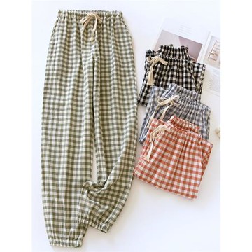 簡約格子水洗棉女士睡褲春夏薄款加肥加大碼寬松純棉收口家居長褲