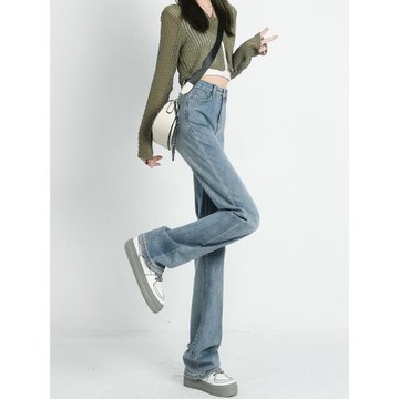 (免運)高腰直筒牛仔褲女2025秋冬季復古水洗顯瘦寬松小個子窄版闊腿褲子