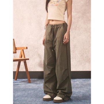 Sanowers男女同款抽繩薄款休閑褲美式復古闊腿傘兵寬松工裝褲夏季
