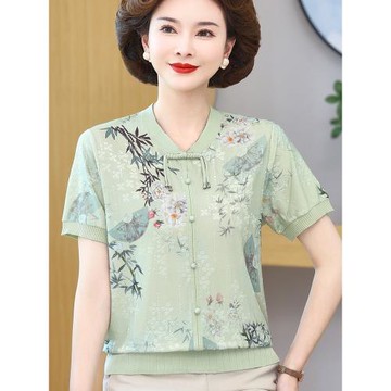(免運)媽媽夏裝冰絲短袖新中式T恤上衣洋氣中老年女新款國風小衫兩件套