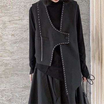 暗黑新款不規則明線設計一粒扣馬甲女寬松小眾西裝疊穿馬夾外套秋