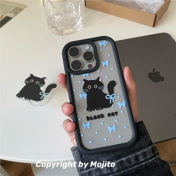 韓國ins卡通可愛蝴蝶黑色貓咪支架手機殼適用蘋果15pro Max/14pro亞克力硬殼軟邊iPhone13/12全包防摔保護套