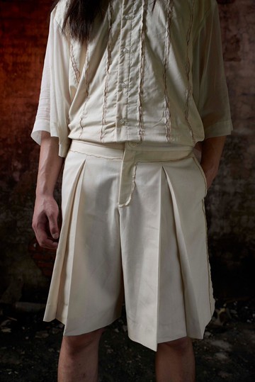 燒邊打褶寬短褲(181P02)