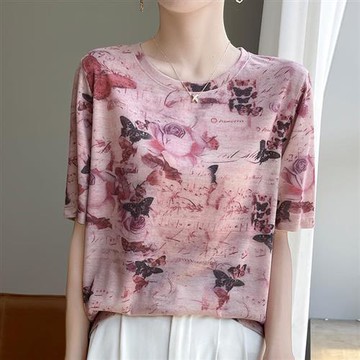 【米蘭精品】現貨+預購T恤短袖上衣-法式扎染圓領天絲女裝4色74lc29