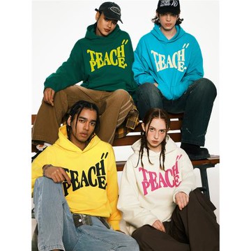 TEACH PEACE國潮多色字母發泡帽衫美式街頭休閑LOGO標語連帽衛衣