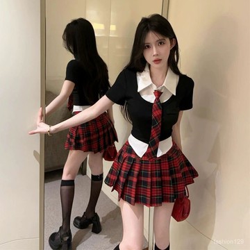 💛限時下殺💛學院風製服套裝女夏季辣妹假兩件polo領短袖上衣+高腰jk格子短裙