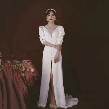 緞面輕婚紗新款新娘旅拍簡約森系迎賓出門紗法式敬酒禮服氣質