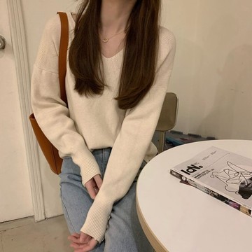 秋天衣服  日系穿搭  氣質穿搭 打底衫女秋冬2024年新款 V領毛衣 寬鬆套頭內搭春秋百搭 針織衫 上衣