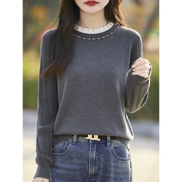 法式小香風圓領釘珠套頭長袖羊毛打底衫時尚減齡內搭慵懶風上衣女