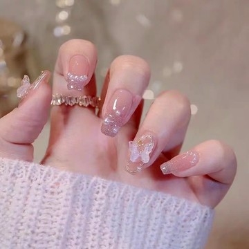 立體冰透蝴蝶穿戴甲2025年新款 法式小清新仙女氣質高級感穿戴式美甲貼片 富家千金長款假指甲貼片成品 穿戴甲片 指甲片