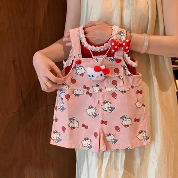 ✨壹灣出貨✨2026新款小童女寶寶時髦可愛kt貓兩件套潮女童揹帶褲套裝洋氣夏季