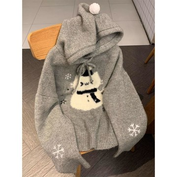 台灣出貨  連帽毛衣女  可愛雪人冬聖誕氛圍感寬鬆慵懶軟糯針織上衣