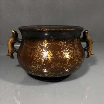 老件紫銅灑金南檀郊社款高11*23*14.6公分3.3公斤雙魚耳香爐擺件