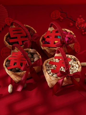 婚房壓床擺件結婚提籃手提小籃子早生貴子收納干果裝飾品裝飾籃子