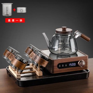 高茗胡桃木電陶爐煮茶壺高端煮茶器煮茶爐玻璃燒水壺蒸煮一體茶壺