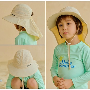 韓國 Bebechat - UPF 50+抗UV水陸兩用防曬遮脖帽/戲水帽-米黃