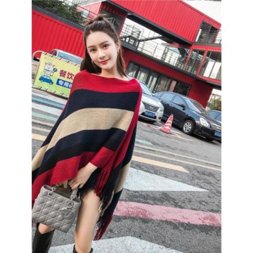 2024春秋裝新款 時尚百搭條紋不規則流蘇斗篷披肩針織衫氣質毛衣