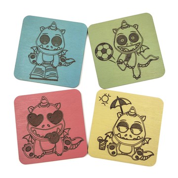 訂製 4 件組木質磁性卡哇伊龍杯墊，適合眼鏡或杯子