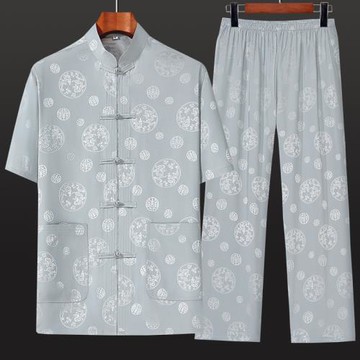 唐裝男士中老年爸爸裝短袖套裝中式中國風父親夏裝冰絲老人爺爺裝