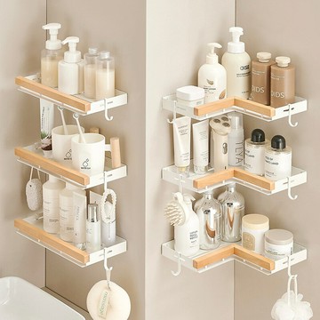 【含稅/免運】 浴室衛生間置物架免打孔淋浴房廁所沐浴露轉角收納架三角籃原木風