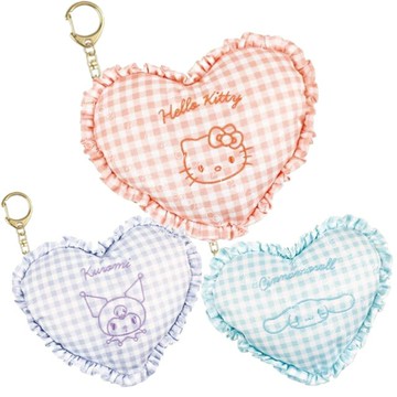 小禮堂 Sanrio 三麗鷗 愛心造型小物收納包吊飾 (格紋款) Kitty 酷洛米 大耳狗