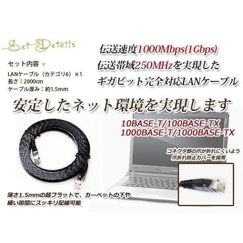 LAN ケーブル 黒20m フラット 配線 CAT6 カテゴリー6 パソコンPC