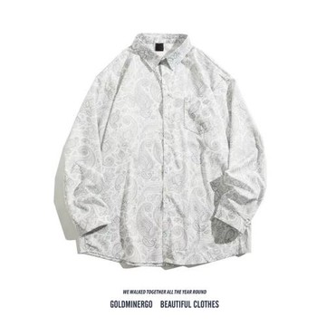 歐美復古腰果花滿印長袖襯衫男潮牌寬松痞帥發型師垂墜感襯衣外套