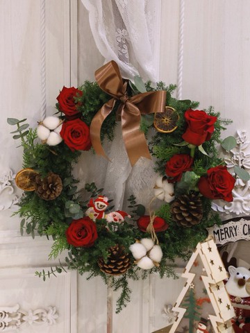 鮮花花圈 紅玫瑰雪松花圈 聖誕限定