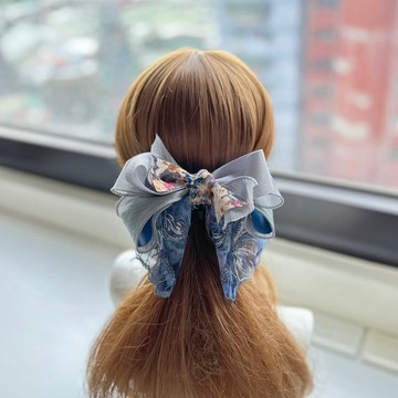 捲邊紗蕾絲蝴蝶結相交夾香蕉夾仙女夾髮夾-油彩藍灰色