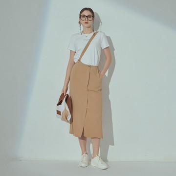 【MASTINA】單肩吊帶前開衩西料長裙 綠 卡