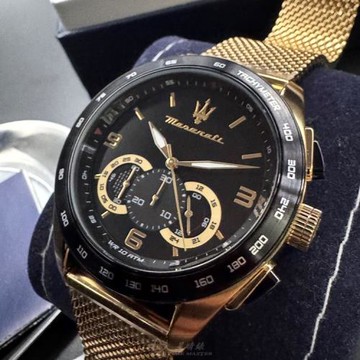 MASERATI 瑪莎拉蒂男錶 46mm 金色圓形精鋼錶殼 黑色三眼, 中三針顯示, 運動錶面款 R8873612010